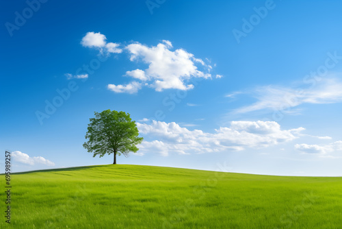 Tree standing in the green field with the blue sky in the background