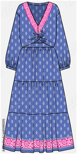 V NECKLINE TIERED MAXI DRESS LONG DRESS WITH FRONT KNOT DETAIL DESIGNED FOR WOMEN AND YOUNG WOMEN IN VECTOR ILLUSTRATION FILE
