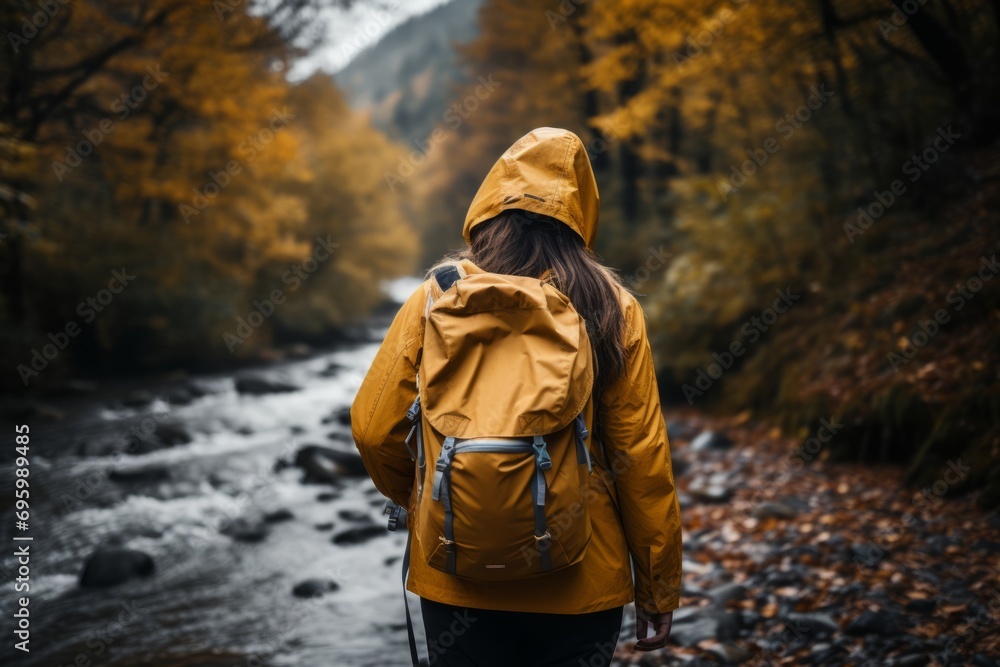 Serene autumn hiking trail active woman exploring the picturesque forest amidst fall foliage Serene autumn hiking trail active woman exploring the picturesque forest amidst fall foliage
