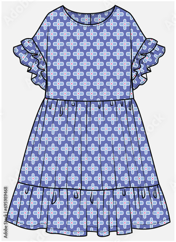 FRILLED DOLMAN SLEEVES TIERED DRESS DESIGNED FOR TEEN GIRLS AND KID GIRLS IN VECTOR ILLUSTRATION FILE