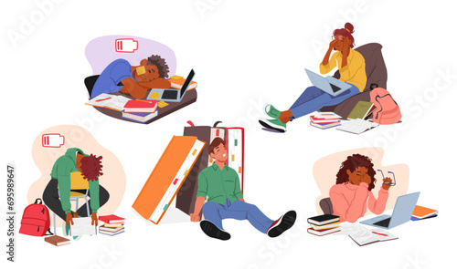Exhausted Students Hunched Over Textbooks, Wearied Expressions Reflecting The Weight Of Knowledge, Vector Set