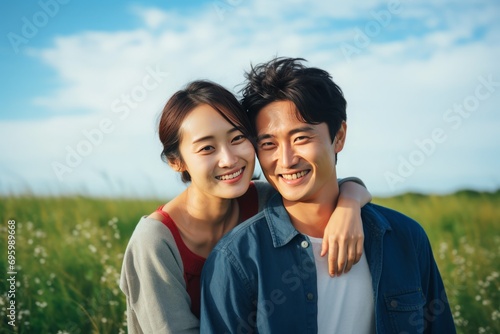 Outdoor Portrait of Smiling Young East Asian Couple