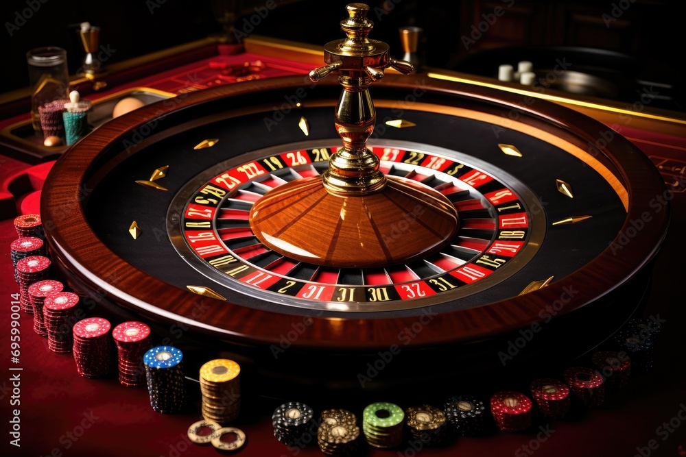 Roulette table in casino, close-up. 3d rendering, Casino roulette wheel in motion on a colorful background, AI Generated Roulette table in casino, close-up. 3d rendering, Casino roulette wheel in motion on a colorful background, AI Generated