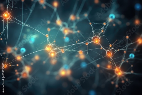 3d rendering of neuron cell with glowing particles, computer generated background, Background from nerve cells or neural networks with cell activity between each other, AI Generated