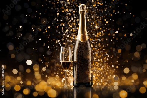 Champagne bottle and glasses on bokeh background. New Year and Christmas celebration, Background of a party featuring a golden champagne bottle, AI Generated