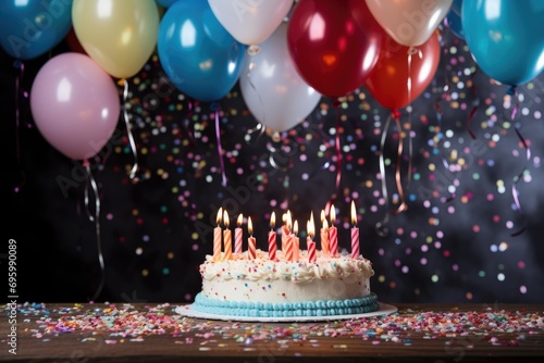 Birthday cake with burning candles and colorful balloons on a dark background, birthday party balloons, colourful balloons background and birthday cake with candles, AI Generated
