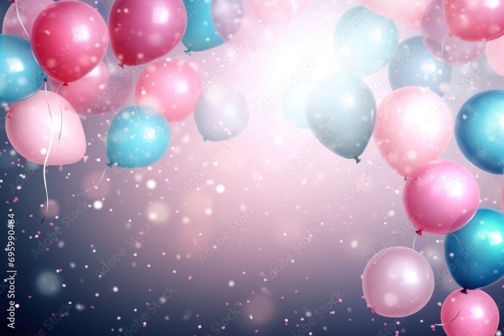 Colorful balloons background with bokeh effect. Vector illustration, Celebratory background with pink and blue balloons, confetti, sparkles, lights, AI Generated