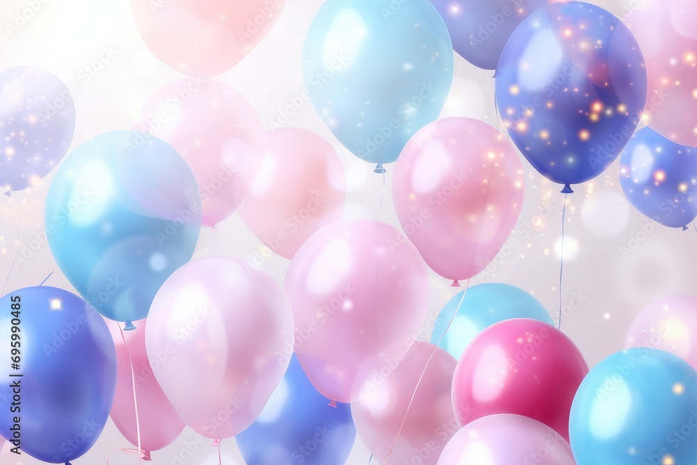 Bokeh background with balloons and confetti. Vector illustration, Celebratory background with pink and blue balloons, confetti, sparkles, lights, AI Generated