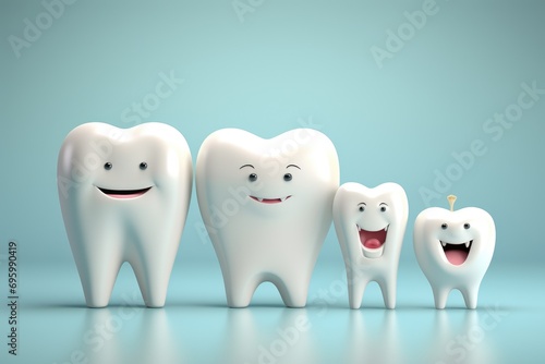 3d rendering of a group of white teeth with tooth crowns, bright picture of white cute funny smiling tooth characters with faces, AI Generated