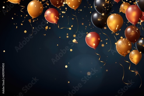 Holiday background with balloons and golden confetti. Vector illustration, Celebration background with confetti and gold balloons, AI Generated