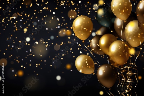Holiday background with golden balloons and confetti. Vector illustration, Celebration background with confetti and gold balloons, AI Generated