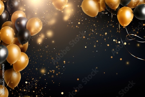 Festive background with golden and black balloons and confetti. 3d rendering, Celebration background with confetti and gold balloons, AI Generated