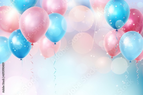 Colorful balloons on white background. Happy Birthday. Space for text, Celebratory background with pink and blue balloons, confetti, sparkles, lights, AI Generated