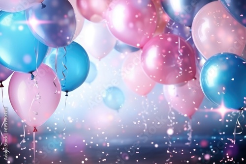 Colorful balloons background with bokeh effect. 3D Rendering, Celebratory background with pink and blue balloons, confetti, sparkles, lights, AI Generated