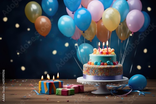 Birthday cake with candles and balloons on wooden table over dark background, Birthday cake featuring colorful balloons, gifts, and confetti on the table, AI Generated