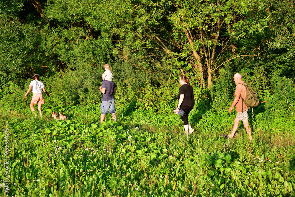The whole family is walking on a meadow next to the forest on a trip in nature