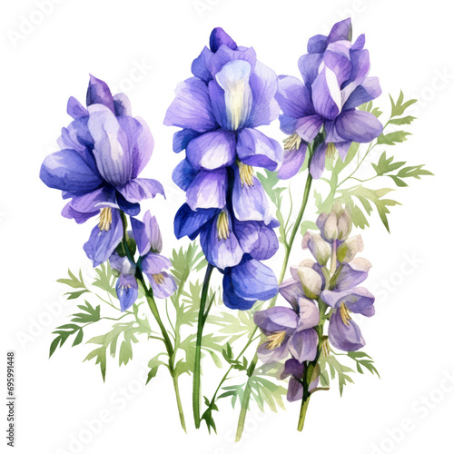 Soft Purple Aconitum Flower Or Monkshood Botanical Watercolor Painting Illustration