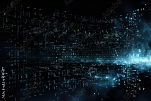 Futuristic technology background with binary code. 3D Rendering, Digital background with blue binary code and AI algorithms, Black background, AI Generated