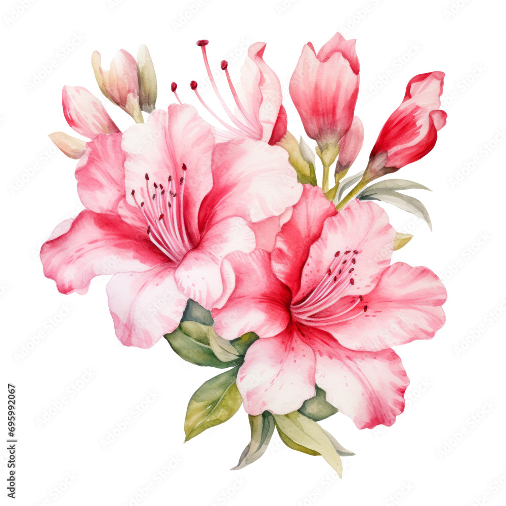 Beautiful Blooming Red Azalea Flower Bouquet Botanical Watercolor Painting Illustration