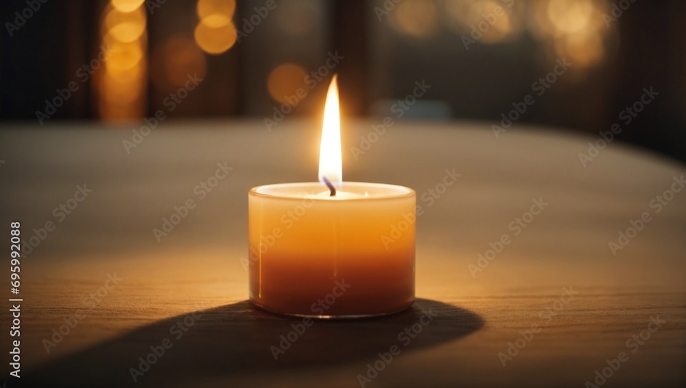 A plain surface with a single lit candle, casting a warm glow, evoking a sense of intimacy and romance. Minimal Valentine's Day and love concept. With copy space. A plain surface with a single lit candle, casting a warm glow, evoking a sense of intimacy and romance. Minimal Valentine's Day and love concept. With copy space.