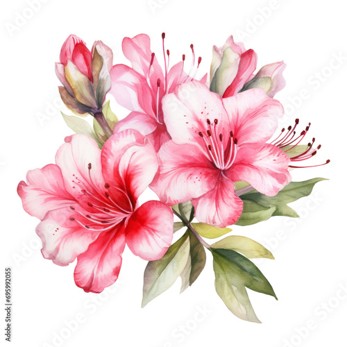Elegant Blooming Pink Azalea Flower Bouquet Botanical Watercolor Painting Illustration