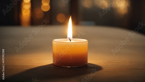 A plain surface with a single lit candle, casting a warm glow, evoking a sense of intimacy and romance. Minimal Valentine's Day and love concept. With copy space.
