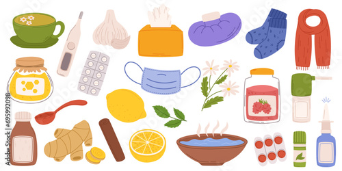 Flu Treatment Set Includes Tissues, Throat Lozenges, Hot Tea, Thermometer, Medicine. Honey and Raspberry