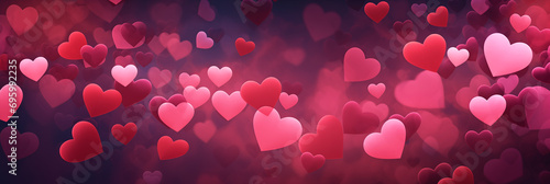 Pink hearts pattern background banner. Valentine's Day. Panoramic web header with copy space. Wide screen wallpaper photo