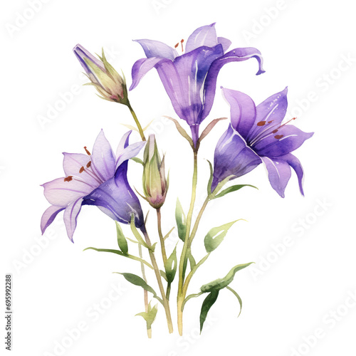 Beautiful Purple Bellflower Or Campanula Flower Botanical Watercolor Painting Illustration