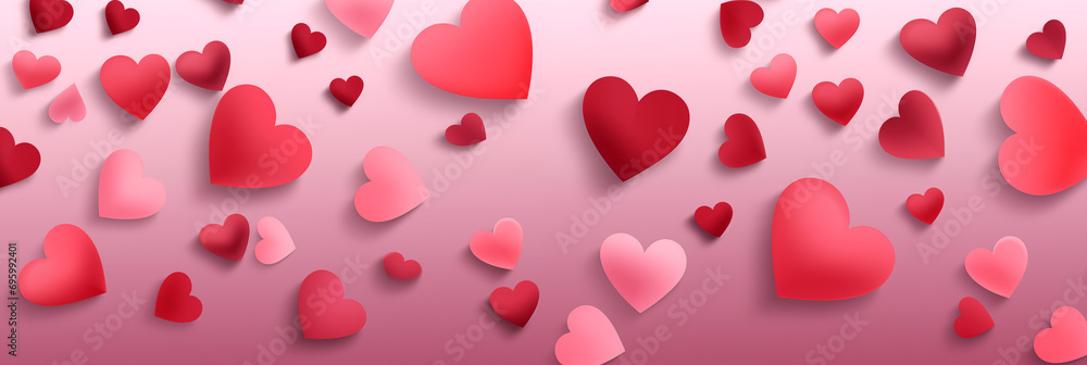 Red hearts on gradient background banner. Valentine's Day. Panoramic web header with copy space. Wide screen wallpaper