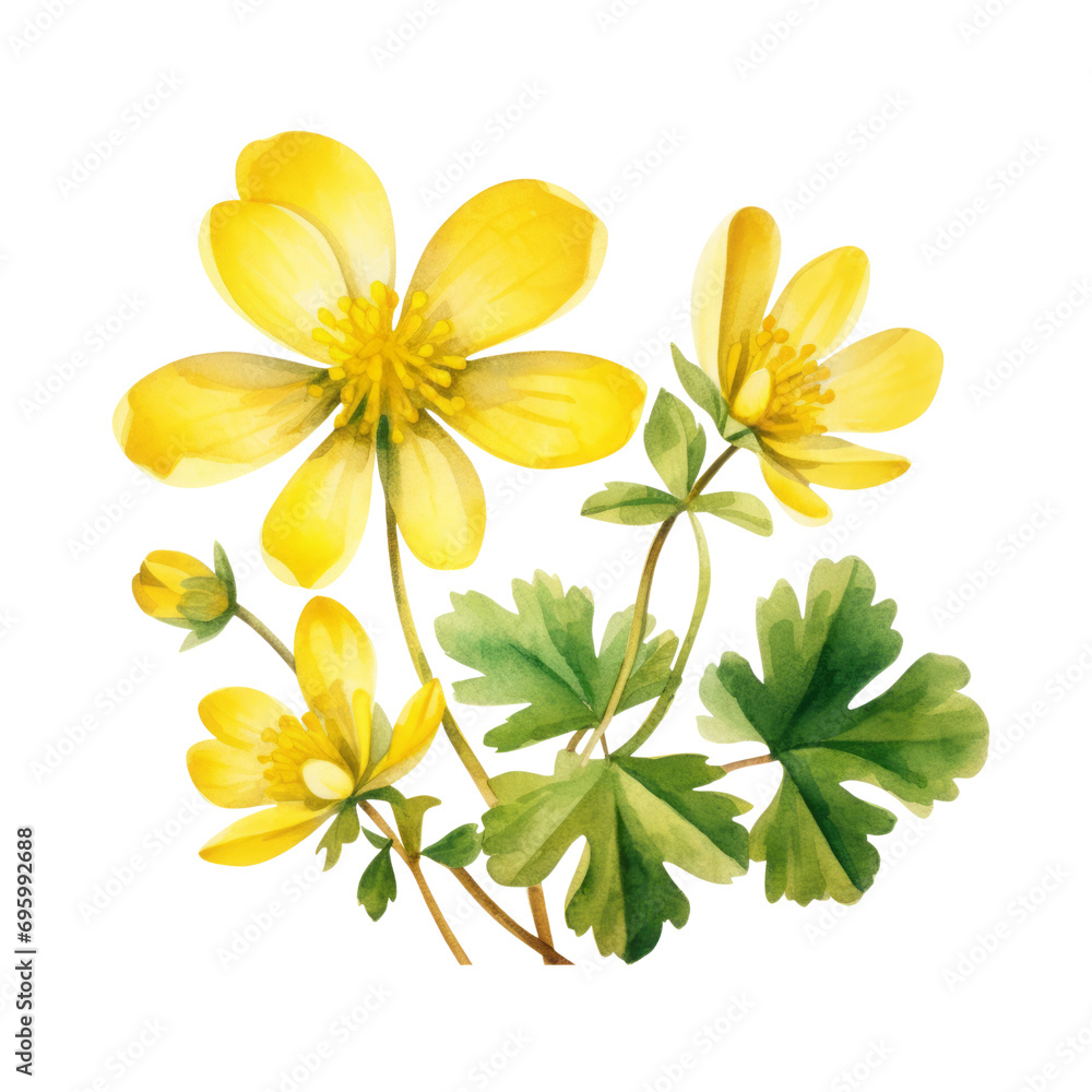 Fototapeta premium Cute Yellow Celandine Flower Botanical Watercolor Painting Illustration