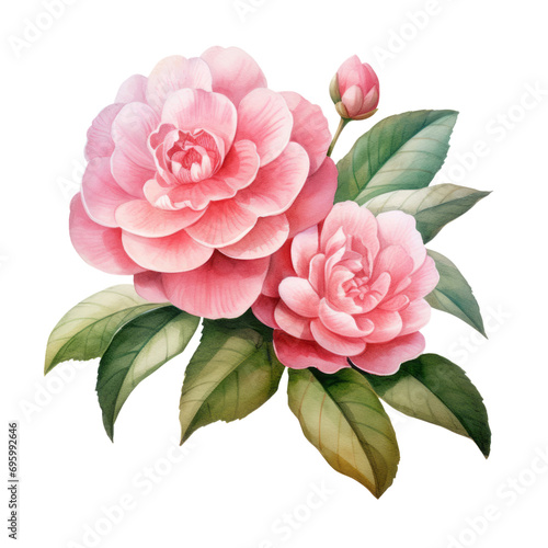 Two Blooming Soft Pink Camellia Flower Botanical Watercolor Painting Illustration