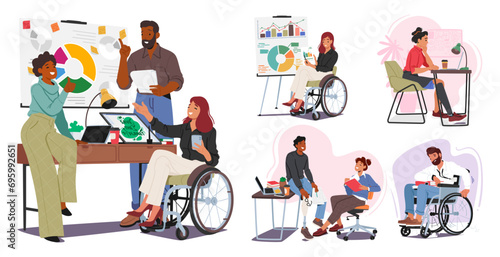 Diverse, Capable Characters With Disabilities Contribute To The Office Environment. Adapted Workspaces