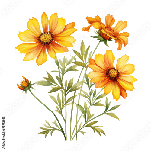 Orange Yellow Cosmos Flower Botanical Watercolor Painting Illustration