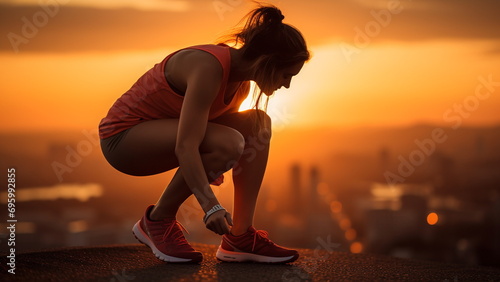 A female runner leaning over tying her laces on her running shoes at sunrise with Generative AI