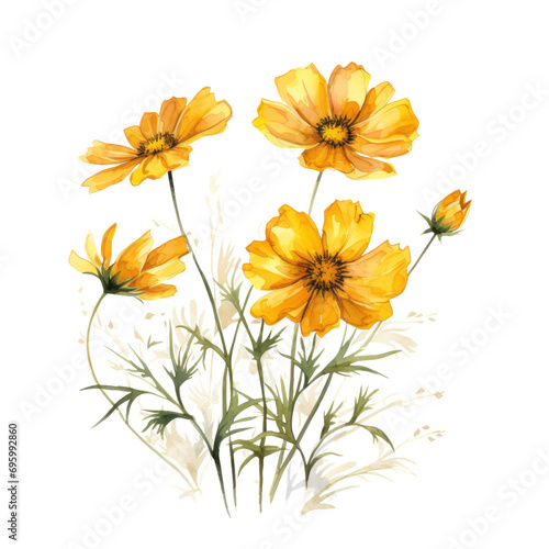 Bright Yellow Cosmos Flower Botanical Watercolor Painting Illustration
