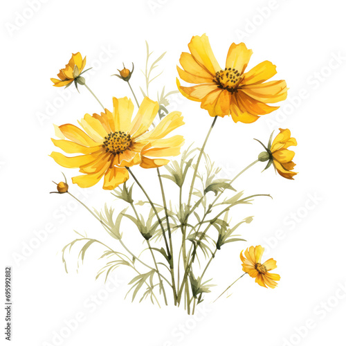 Yellow Cosmos Flowers Bouquet Botanical Watercolor Painting Illustration