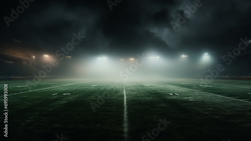 American football high school stadium lights from center field on green with low lying mist fog on ground with Generative AI photo