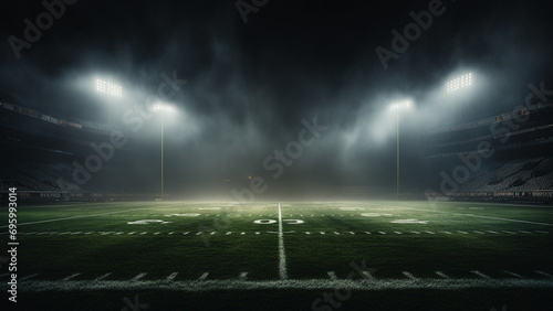 American football high school stadium lights from center field on green with low lying mist fog on ground with Generative AI © chocoloki