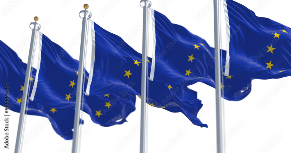 group of flags of the European Union waving in the wind. Transparent 4k resolution - obrazy, fototapety, plakaty 