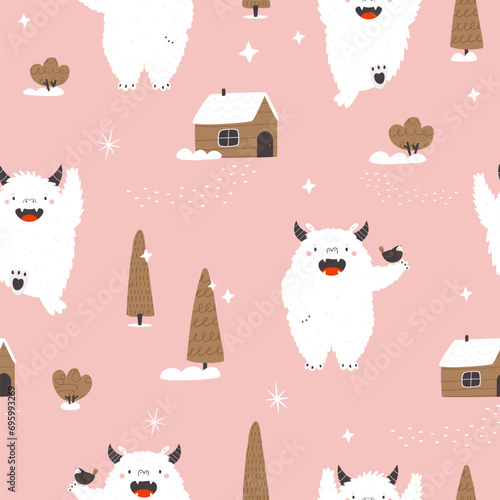 Cartoon seamless pattern with funny yeti characters.
