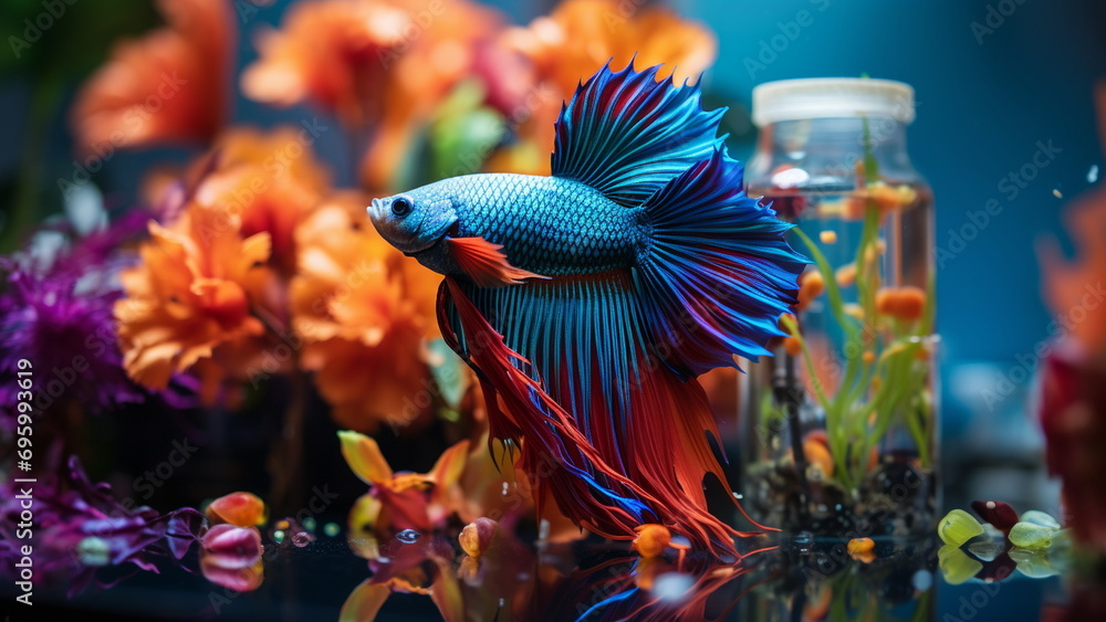 Exotic betta fish swimming in a peaceful colorful vibrant aquarium with Generative AI