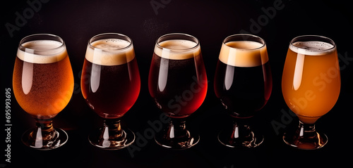 Different types of beer isolated on black background
