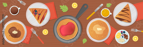 Bannière présentant une table dréssée pour la Chandeleur - Célébration de la fête des crêpes - Poêle et assiettes garnies de crêpes, chocolat, confiture et fruits - Culture et tradition réjouissante