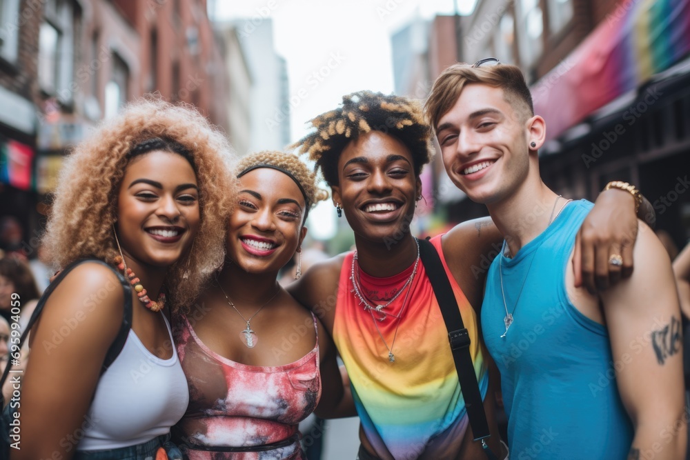 Group portrait of diverse gay people at pride parade
