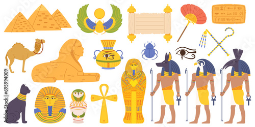 Egypt Landmarks and Religious Elements Set. Majestic Pyramids Of Giza, Sphinx, Pharaoh Sarcophagus and Scarab