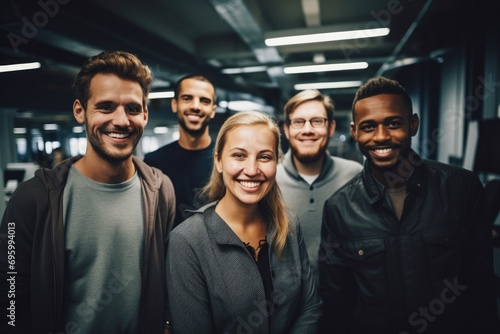 Group portrait of smiling young diverse business people in office