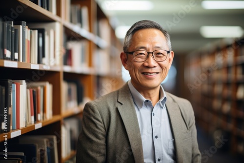 Smiling portrait of senior man in library