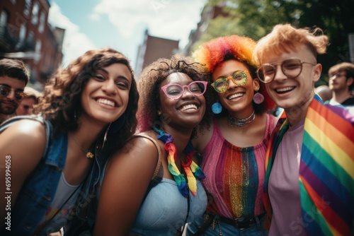 Group portrait of diverse gay people at pride parade