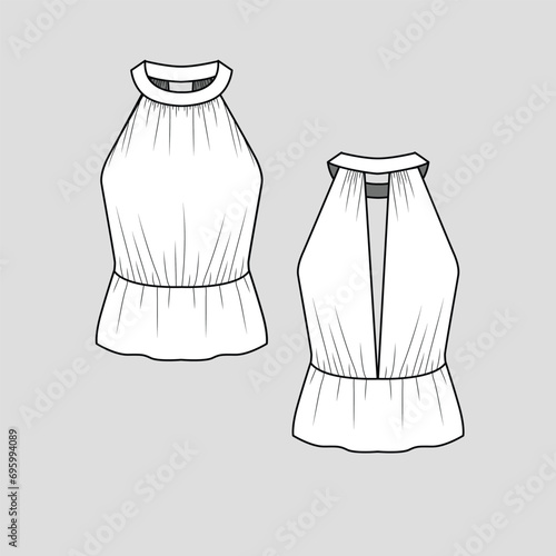 Halter Neck Fashion top waist gathering detail cad mock up flat sketch technical drawing template design vector